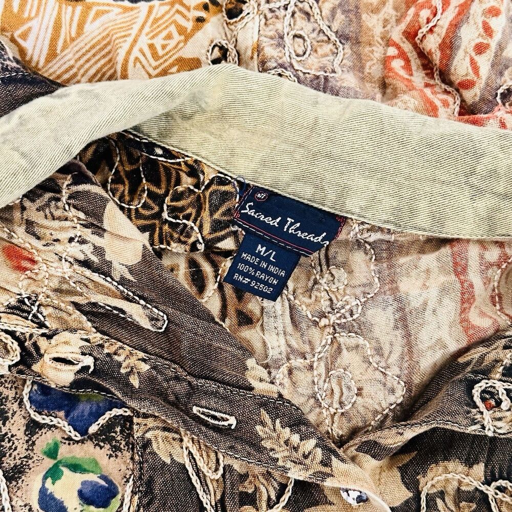 Sacred Threads M/L Button Up Patchwork Top Western Boho Artsy Hippie Eclectic - Picture 9 of 12